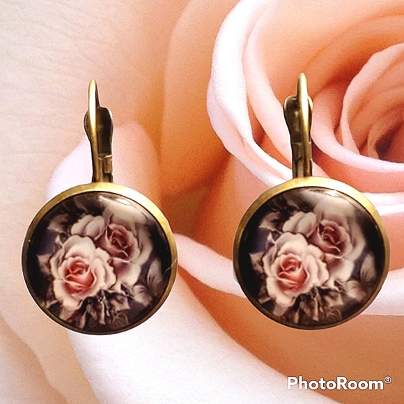 Fashion convex glass earrings with inlaid antique rose image in bronze tone. - Picture 1 of 5